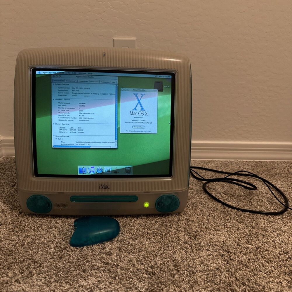 Apple iMac G3 Blueberry 350MHz M5521 64MB RAM All-in-One Computer OS 10.2.8
